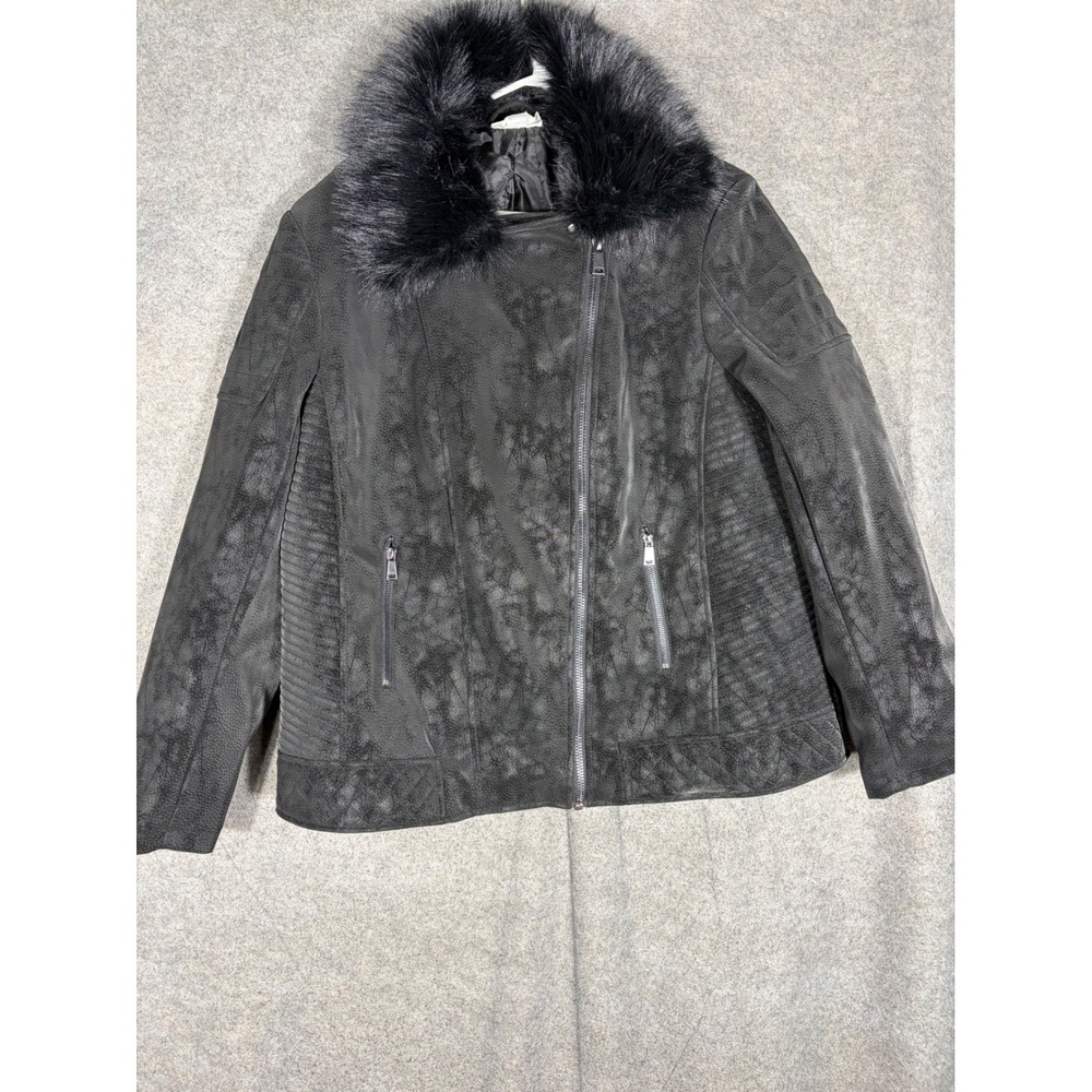 Loralette Black Faux Leather Moto Jacket Faux Fur Collar Size 20 Distressed Zip